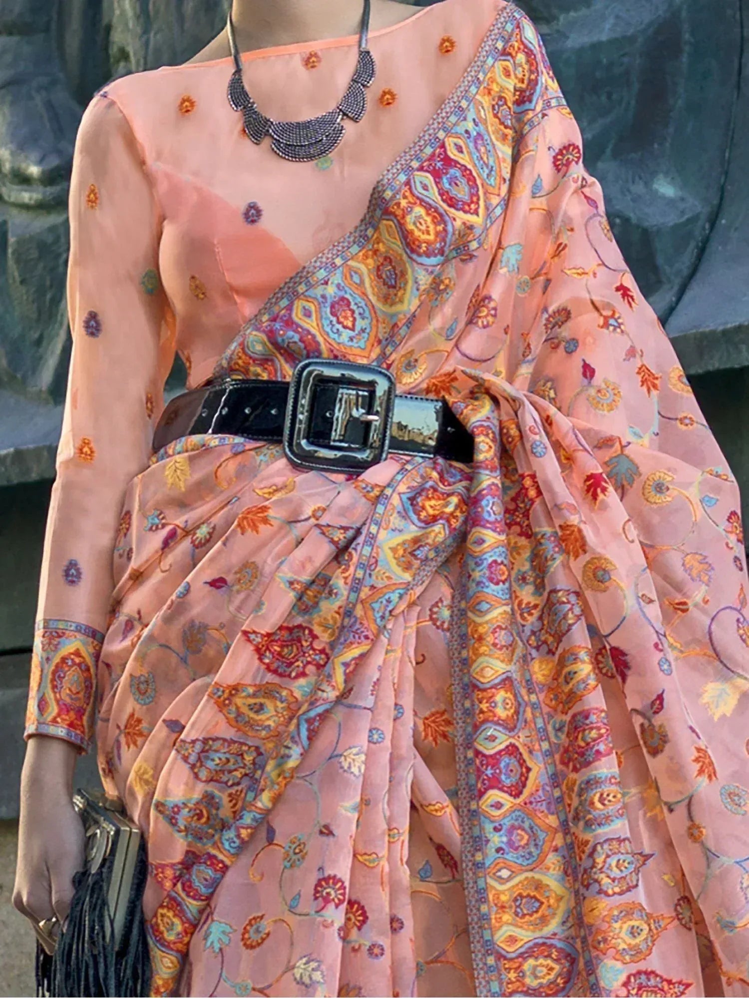 Peach printed saree with belt, ethnic Indian wear, designer blouse, paisley pattern, stylish traditional outfit