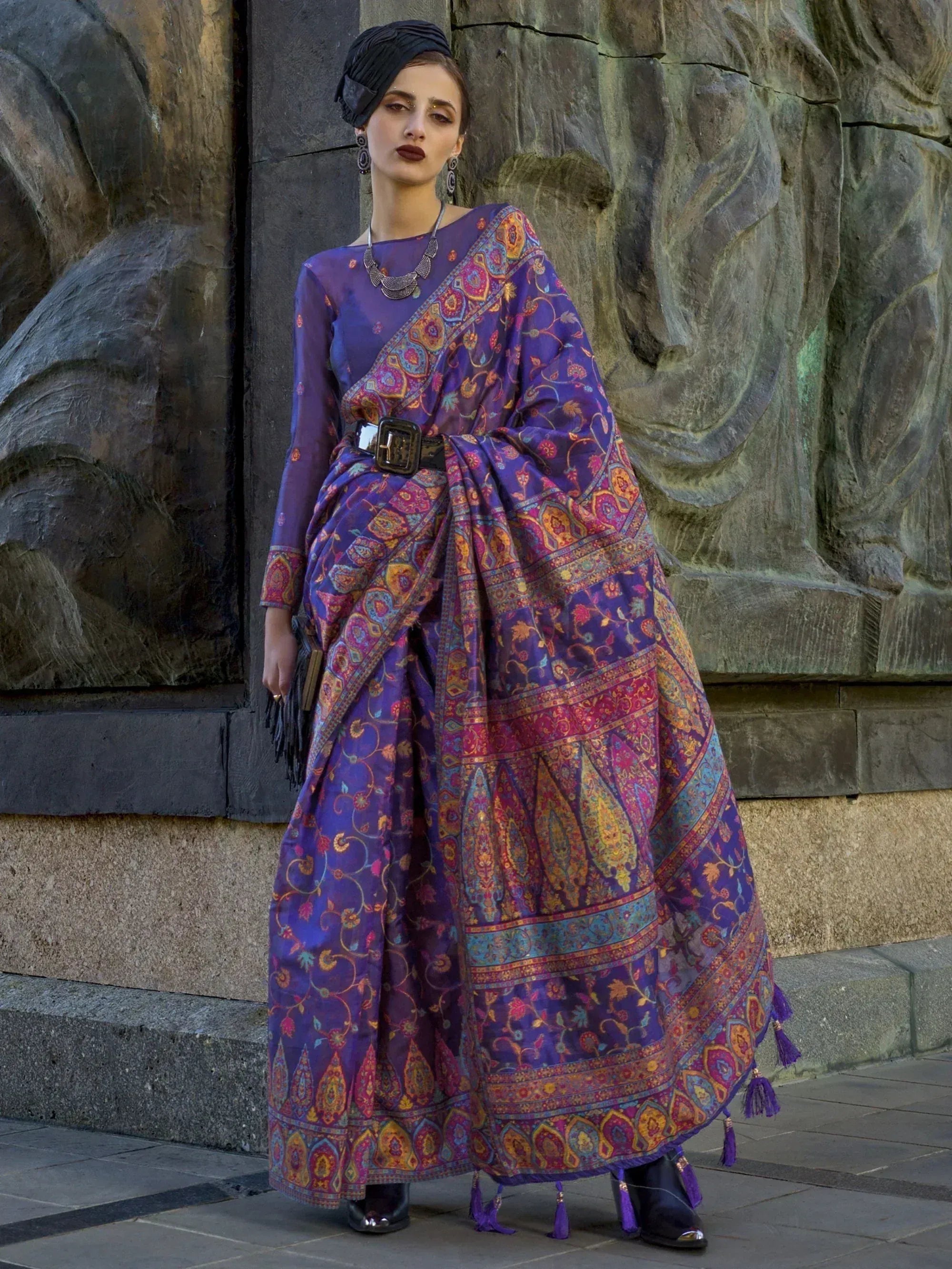 Purple printed saree with belt, ethnic wear for women, designer Indian outfit