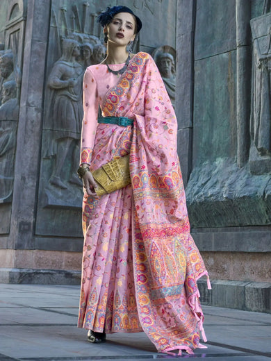 Bewitching Baby Pink Weaving Organza Event Wear Saree With Blouse