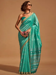 Dazzling Turquoise Zari Weaving Silk Wedding Wear Saree With Blouse