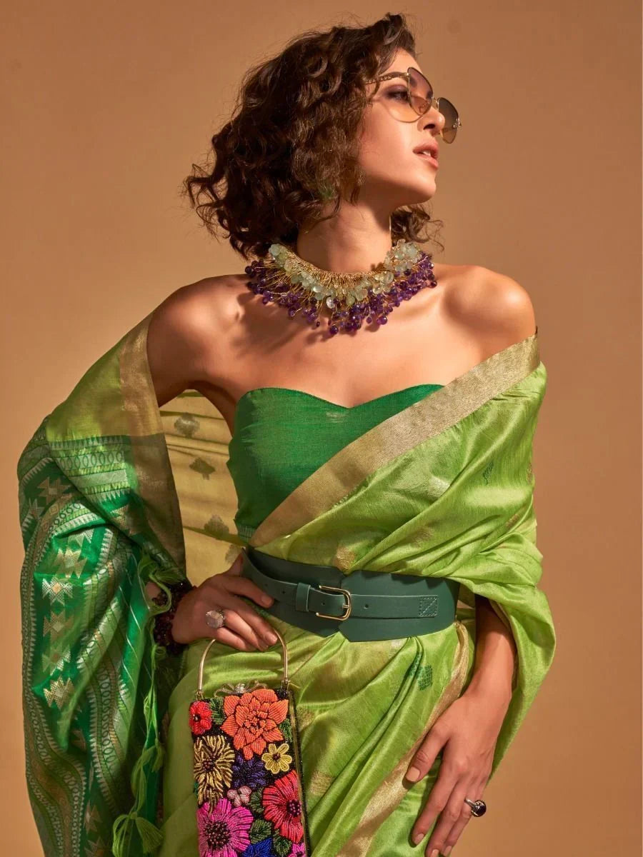 Precious Green Zari Weaving Silk Mehendi Wear Saree With Blouse