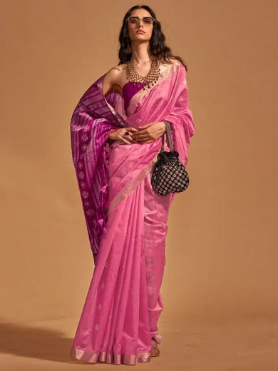 Precious Pink Zari Weaving Silk Reception Wear Saree With Blouse