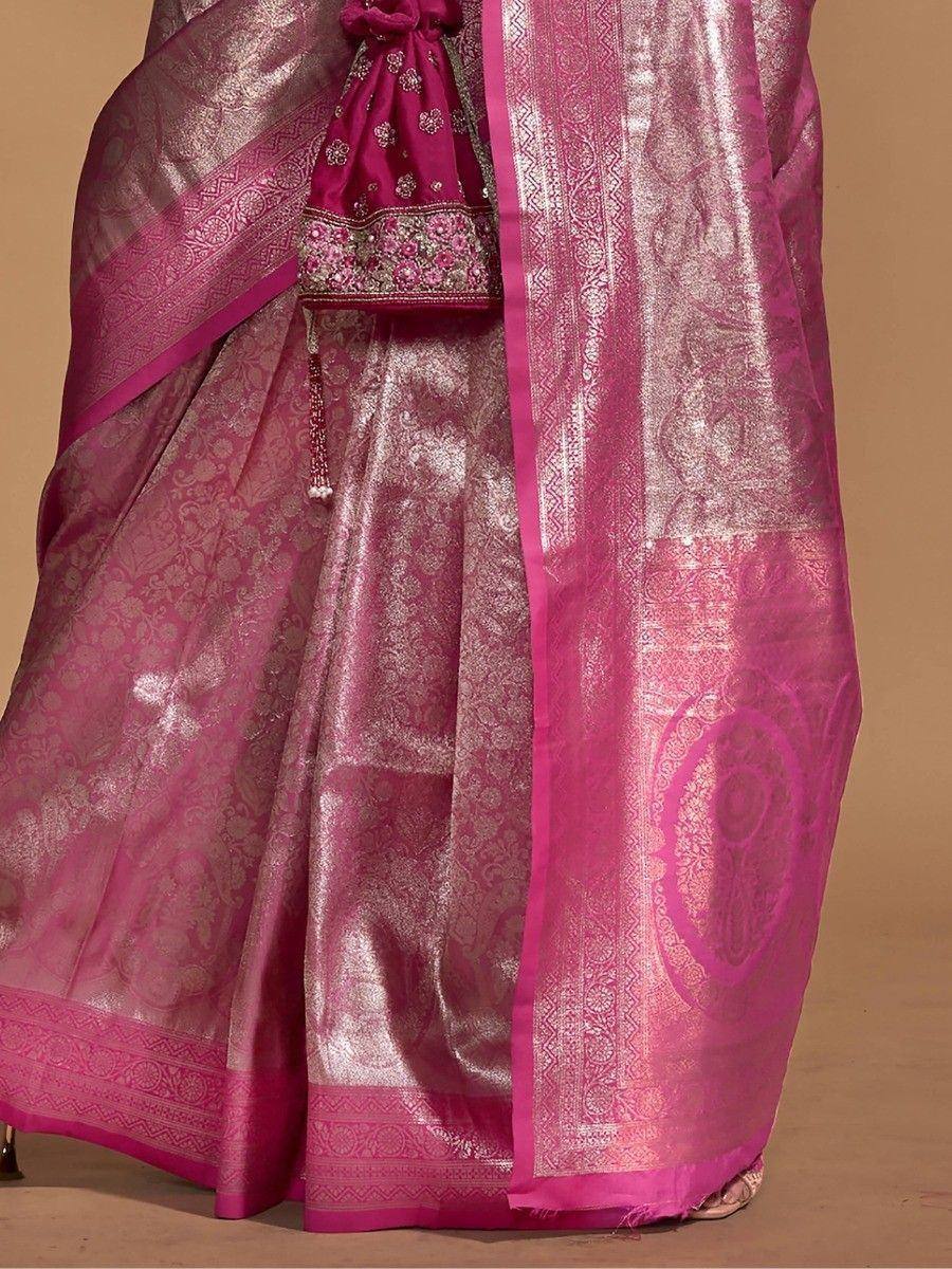 Pink and silver designer saree with intricate zari work and embroidered blouse, perfect for ethnic occasions