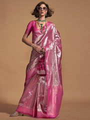 Fantastic Pink Zari Woven Silk Festival Wear Saree With Blouse
