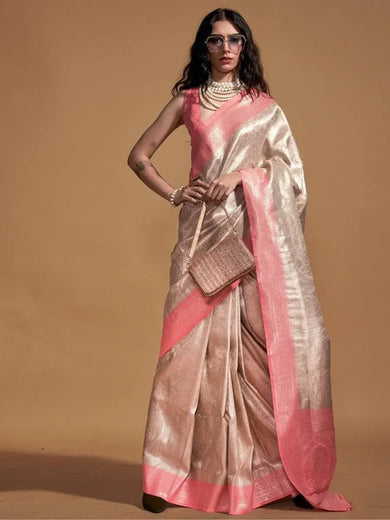 Charming Cream & Peach Zari Woven Silk Traditional Saree With Blouse