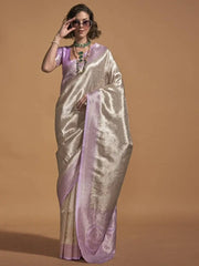 Incredible Silver & Lilac Zari Weaving Silk Event Wear Saree With Blouse