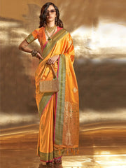 Bewitching Yellow Zari Weaving Satin Haldi Wear Saree With Blouse