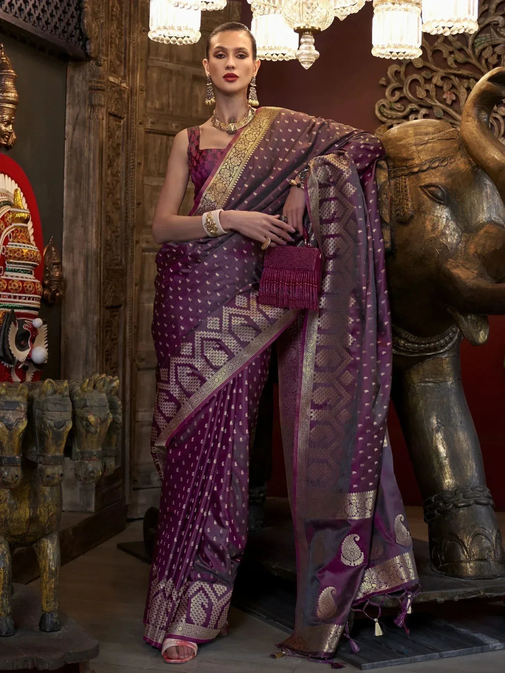 Purple designer saree with gold embroidery, ethnic wear for women, traditional Indian fashion
