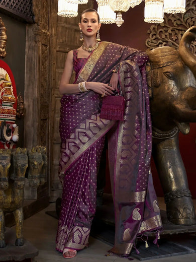 Glamorous Purple Zari Weaving Satin Function Wear Saree With Blouse