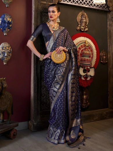Astonishing Navy Blue Zari Weaving Satin Wedding Saree With Blouse