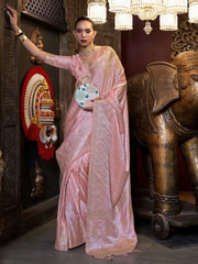 Attractive Light Pink Zari Weaving Satin Function Wear Saree With Blouse