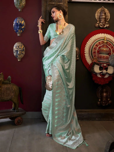 Alluring Turquoise Zari Weaving Satin Festival Wear Saree With Blouse