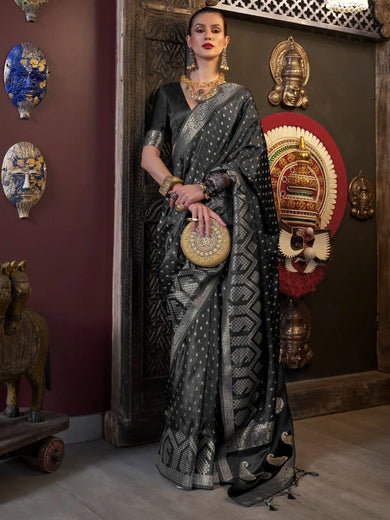 Fascinating Black Zari Weaving Satin Saree With Blouse