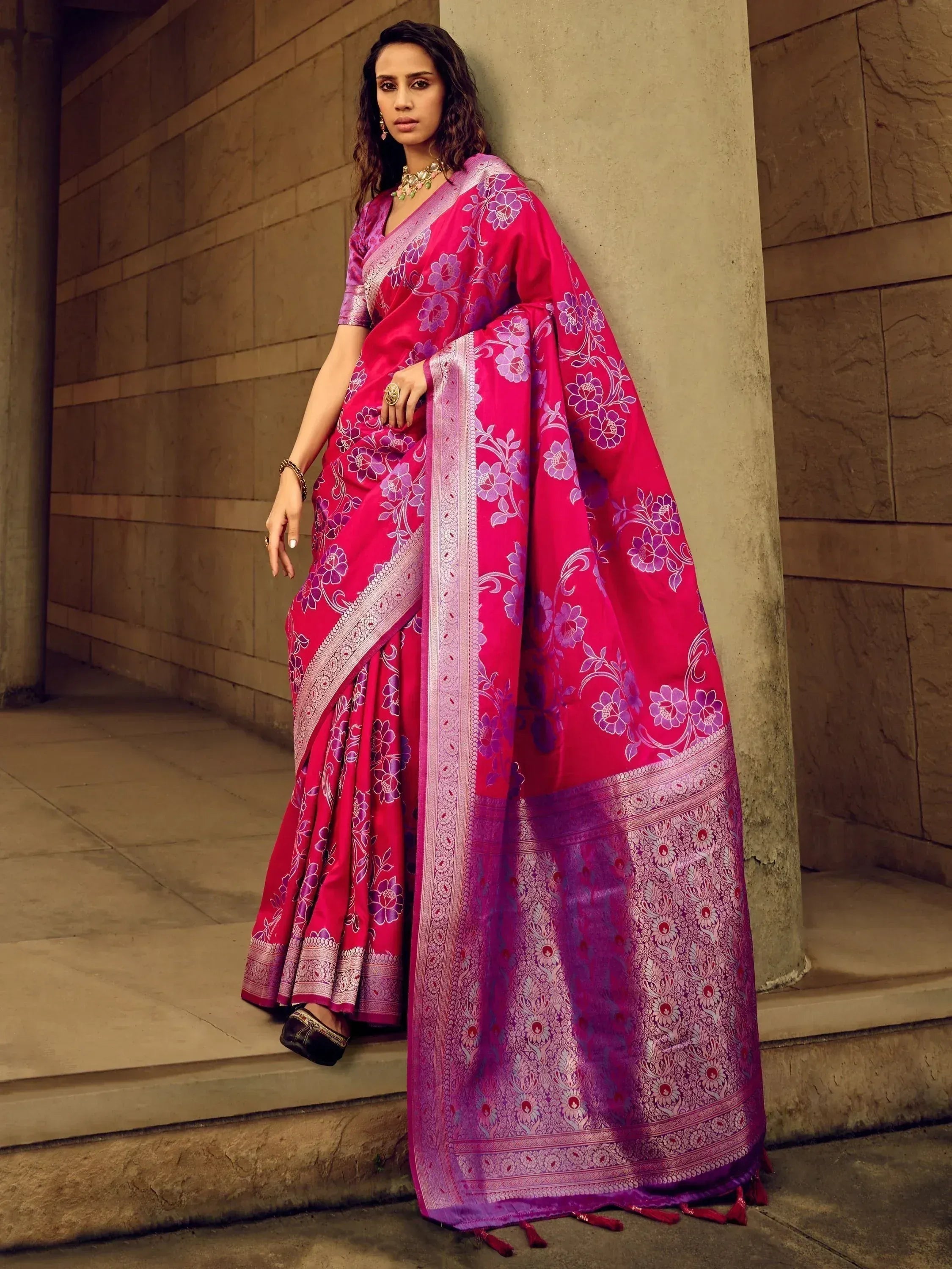 Pink floral saree with purple border, Indian ethnic wear for women