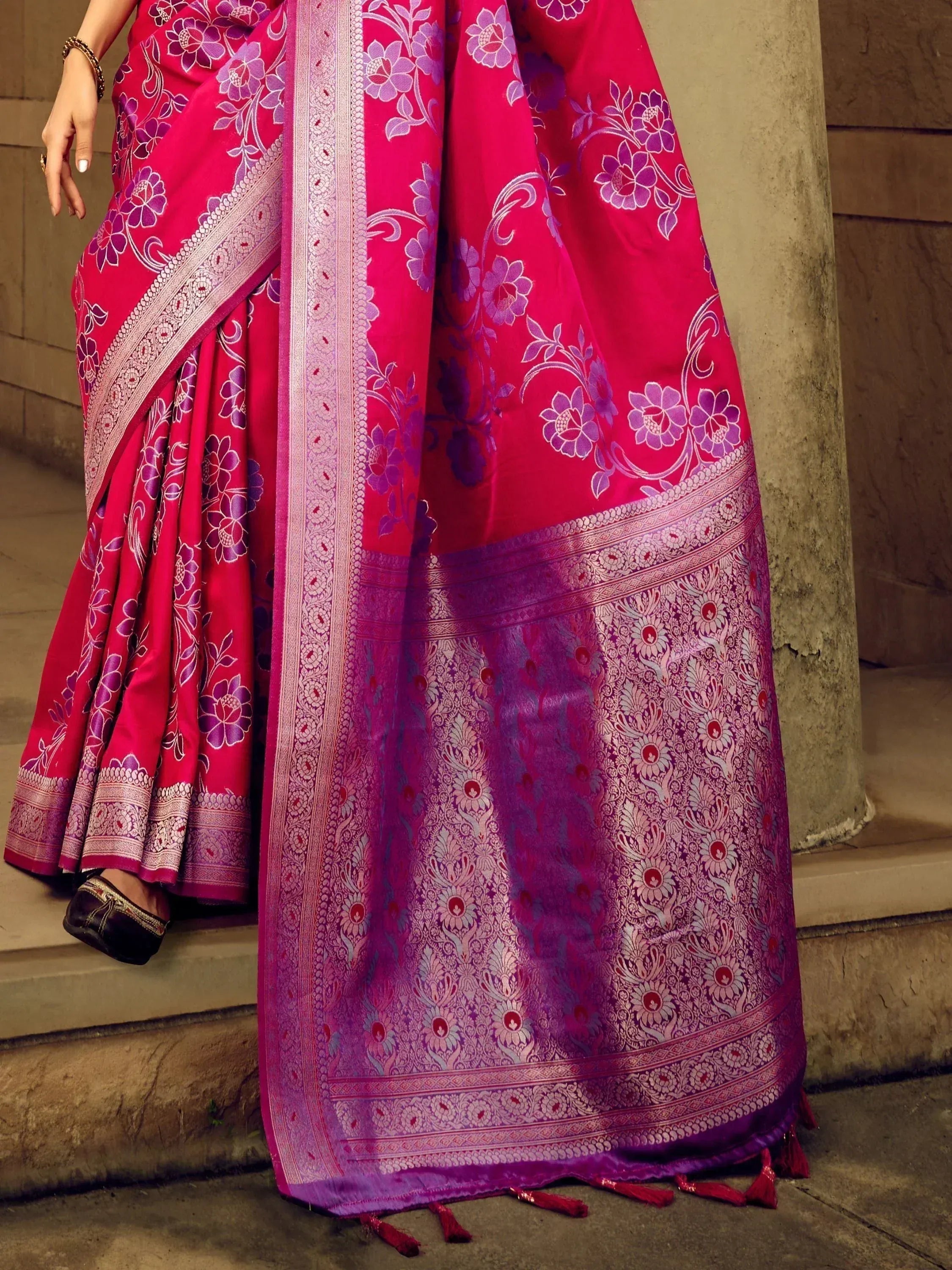 Pink and purple floral designer saree with intricate border, perfect for Indian ethnic wear occasions