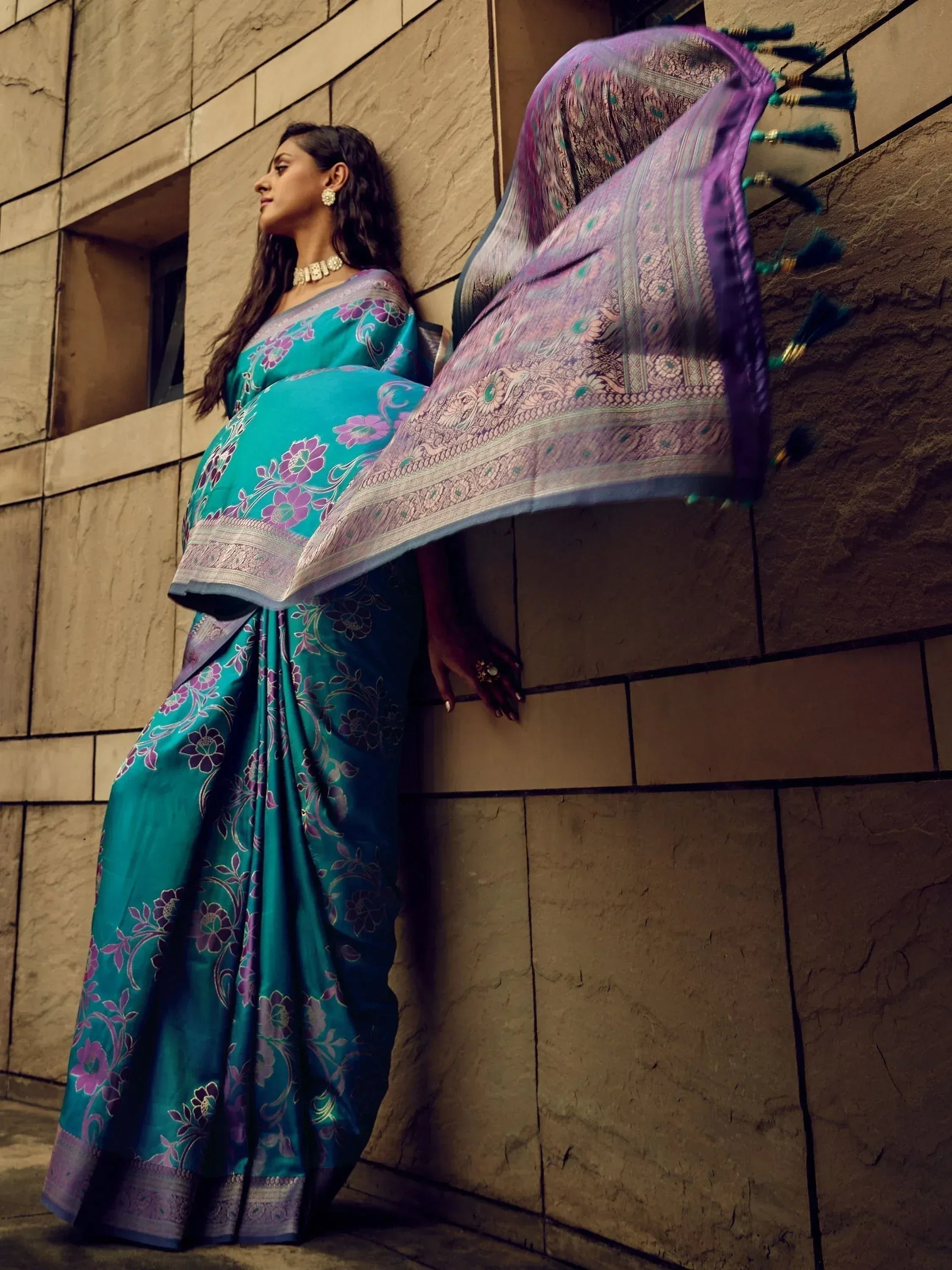 Teal floral saree with purple border, elegant Indian ethnic wear for women