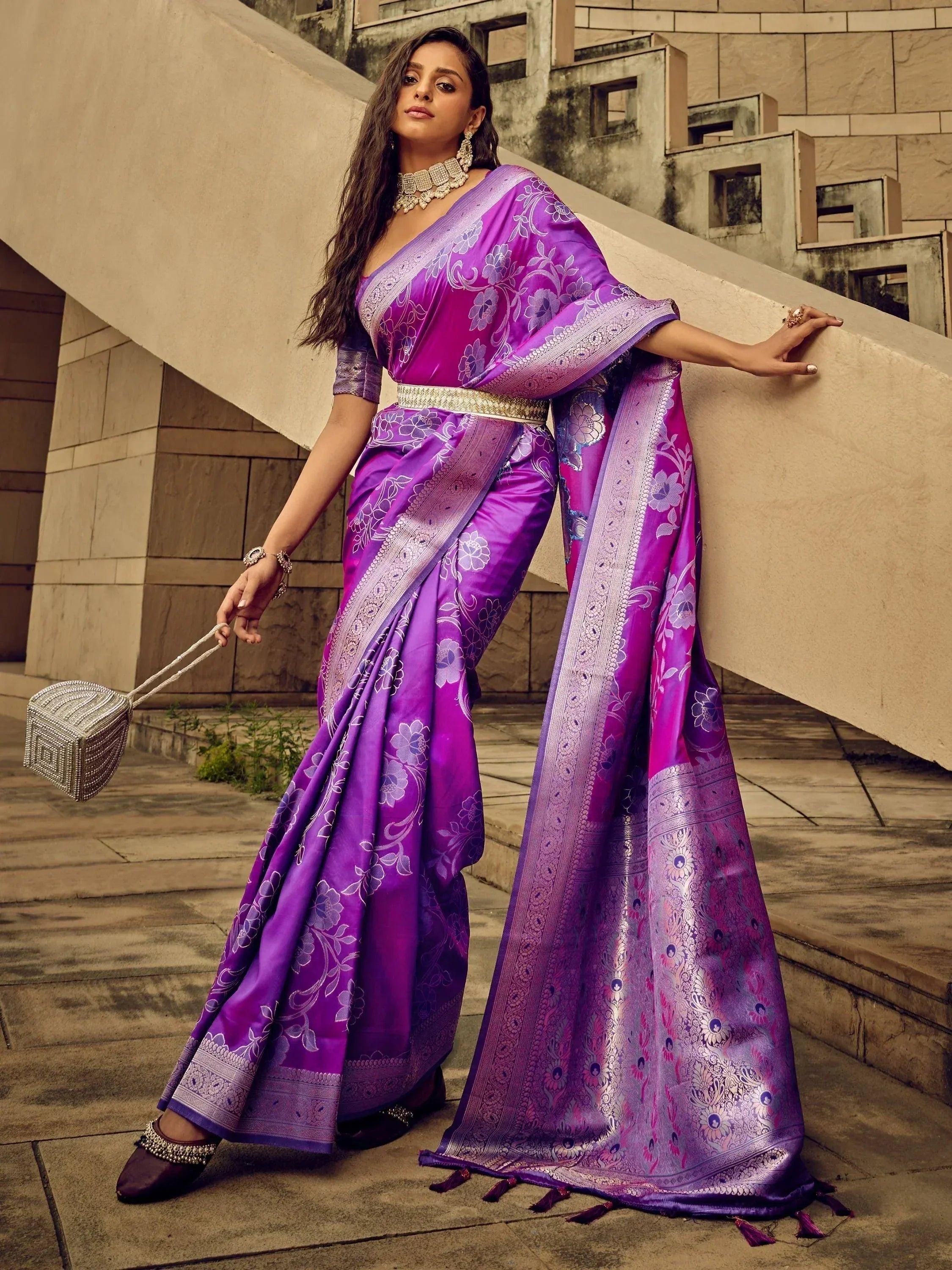 Purple floral saree with gold border, ethnic wear for women, designer Indian saree