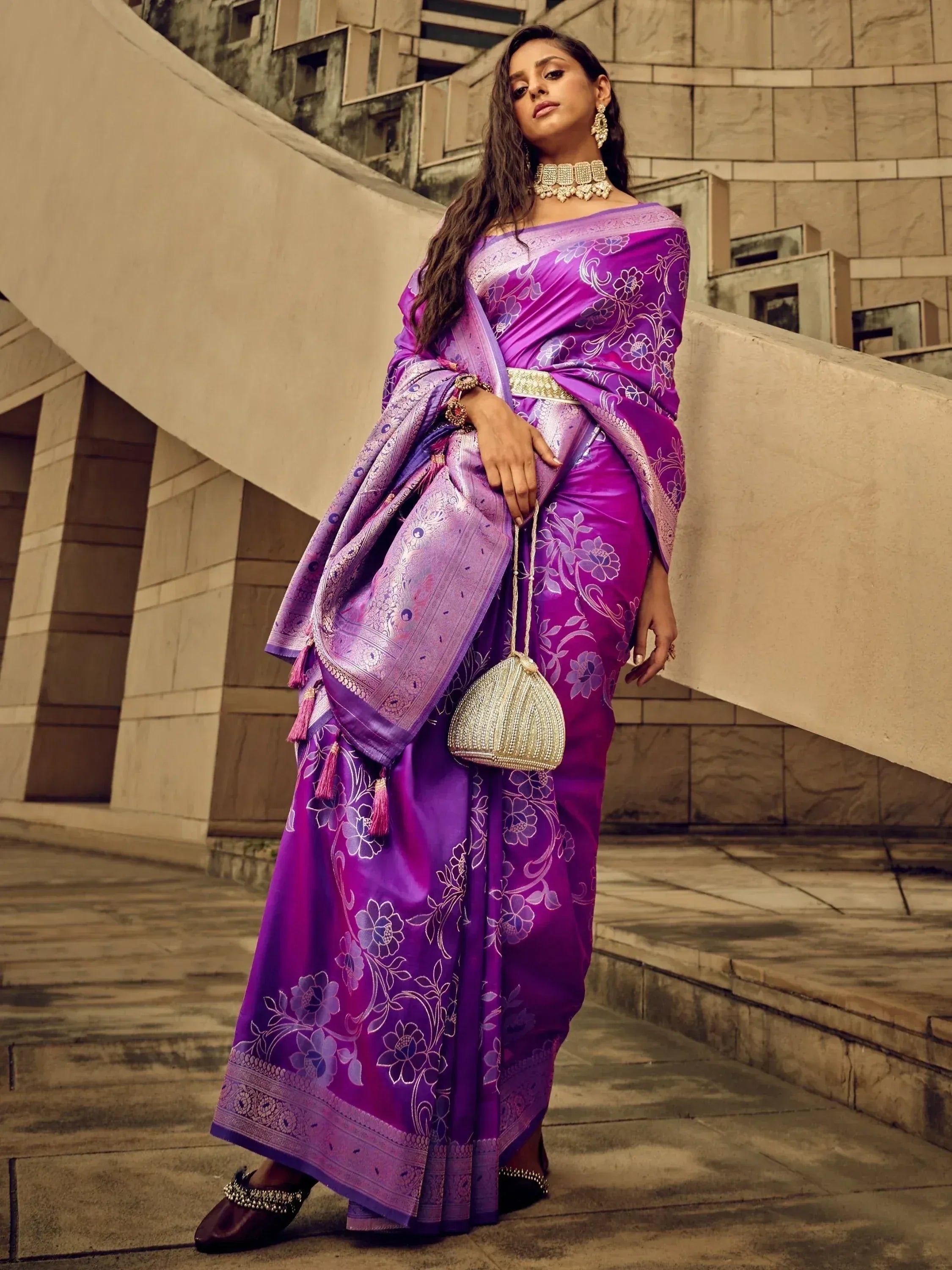 Purple floral designer saree with gold embroidery, perfect for Indian ethnic wear occasions