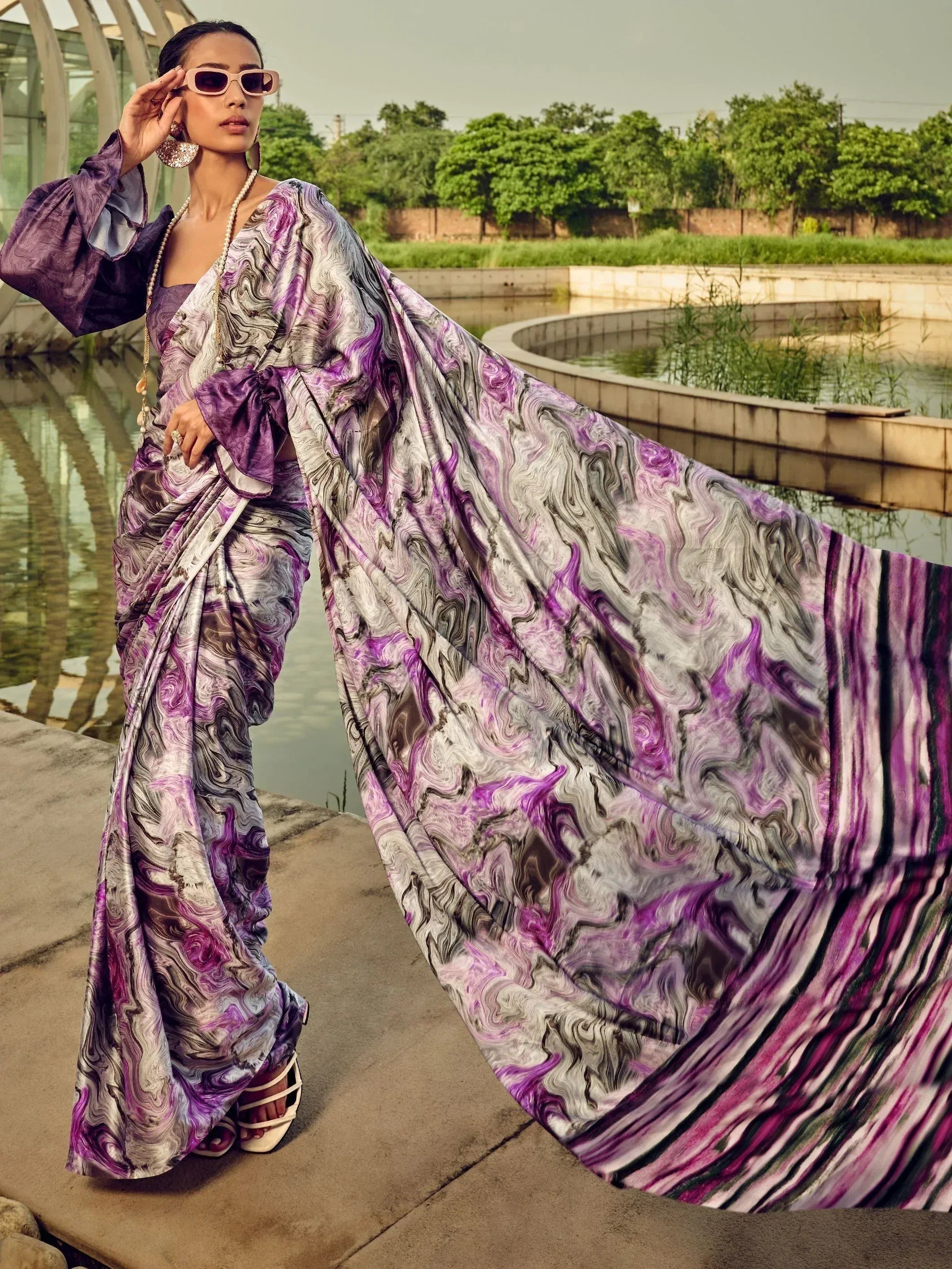 Purple marble print saree with puff sleeves, stylish ethnic wear for women