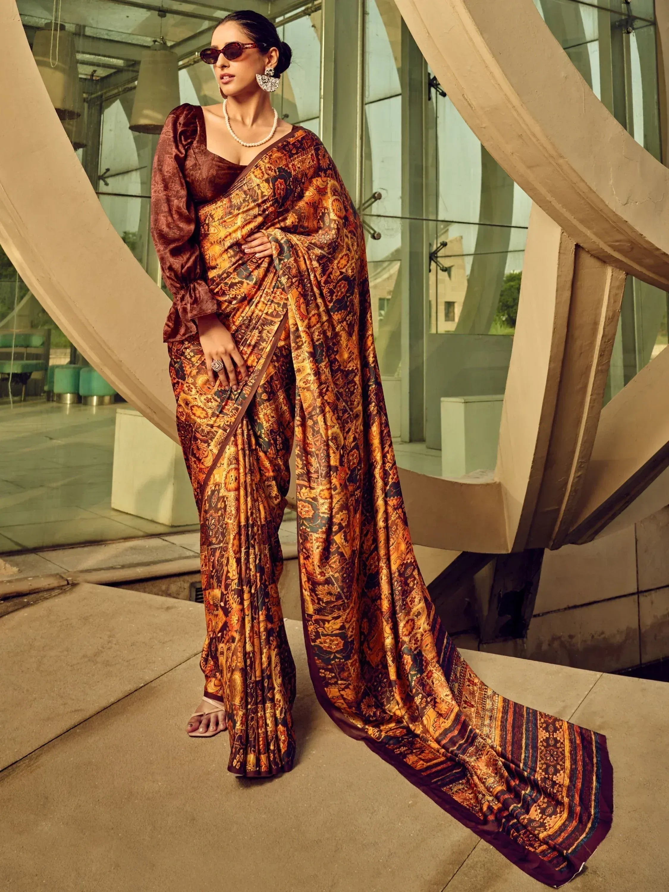 Woman in elegant printed saree with puff sleeves, perfect for Indian ethnic wear occasions