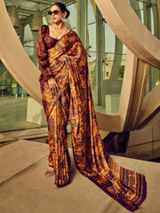 Fabulous Orange Digital Printed Satin Festival Wear Saree With Blouse