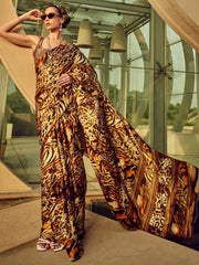 Awesome Multi-Color Digital Printed Satin Event Wear Saree With Blouse