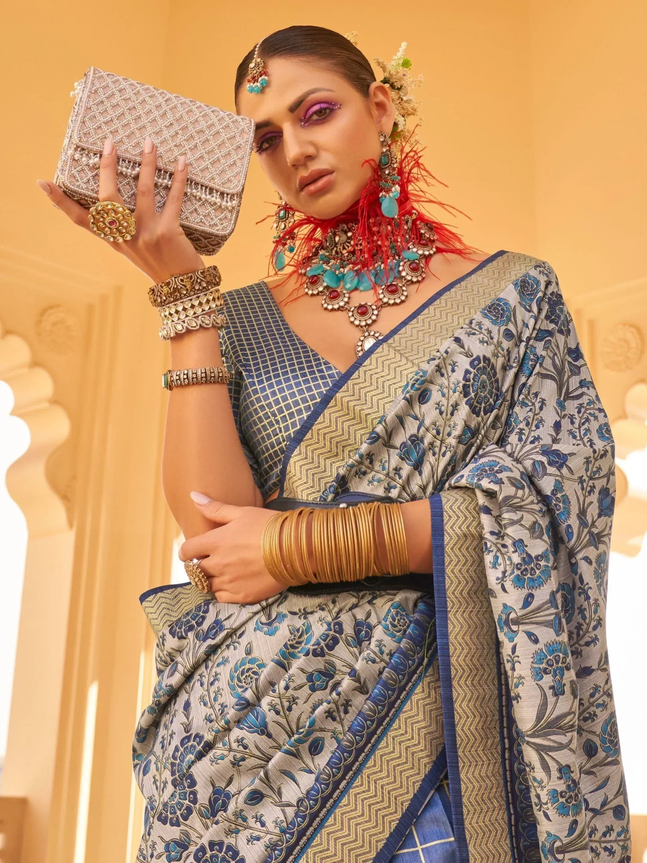 Fascinating Grey & Blue Floral Printed Silk Function Wear Saree
