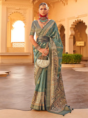 Alluring Sage Green Printed Silk Function Wear Saree With Blouse