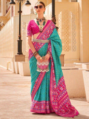 Wonderful Teal Green Digital Printed Silk Wedding Saree With Blouse