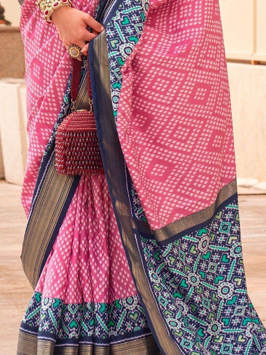 Pink printed saree with blue green border, ethnic wear, designer saree, traditional Indian attire