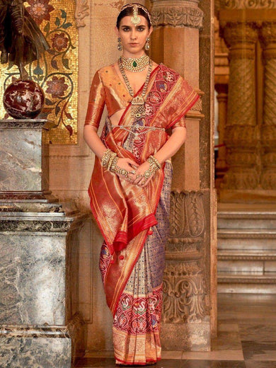 Stunning Blue & Red Zari Weaving Silk Function Wear Saree With Blouse