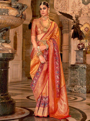 Ravishing Orange Zari Weaving Silk Function Wear Saree With Blouse