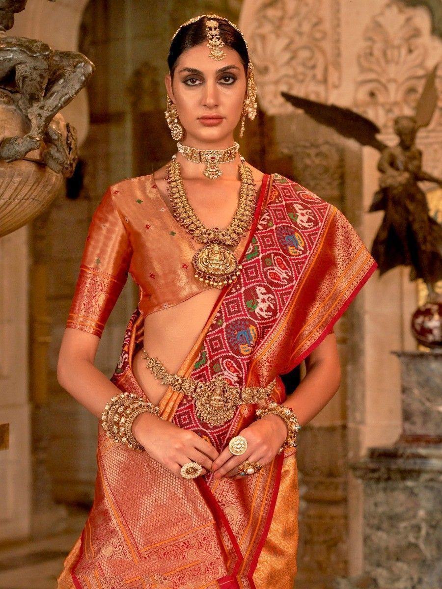 Ravishing Orange Zari Weaving Silk Function Wear Saree With Blouse