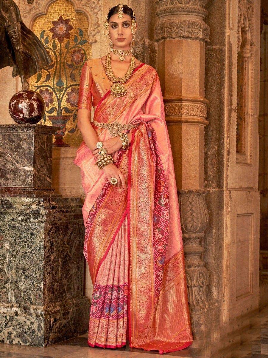 Pink designer saree with gold embroidery, traditional Indian ethnic wear for weddings and festivals