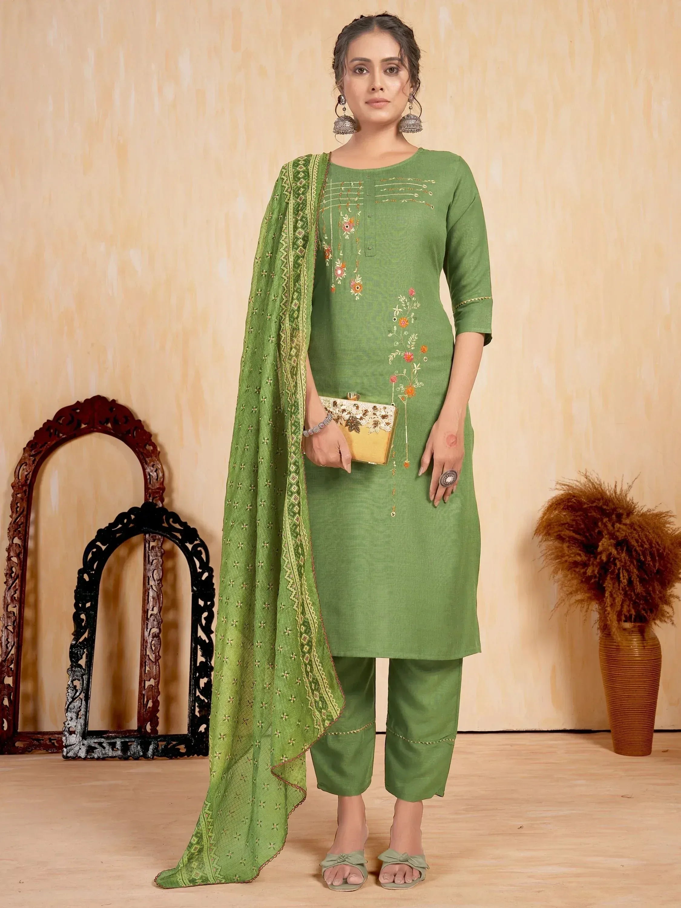 Green embroidered salwar kameez with floral detailing and matching dupatta, ideal for ethnic wear occasions.