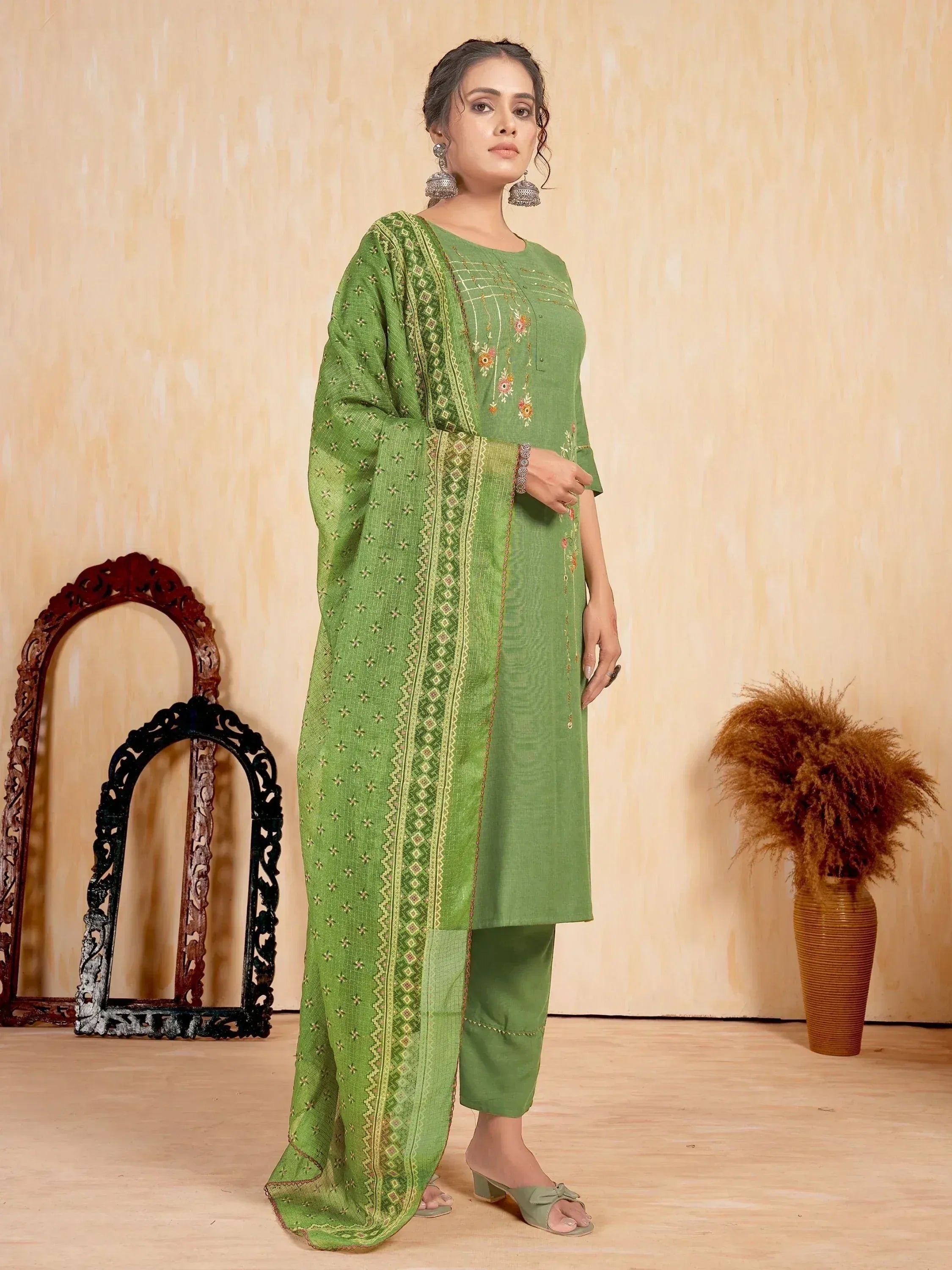 Green embroidered salwar kameez with matching dupatta, ethnic Indian wear for women