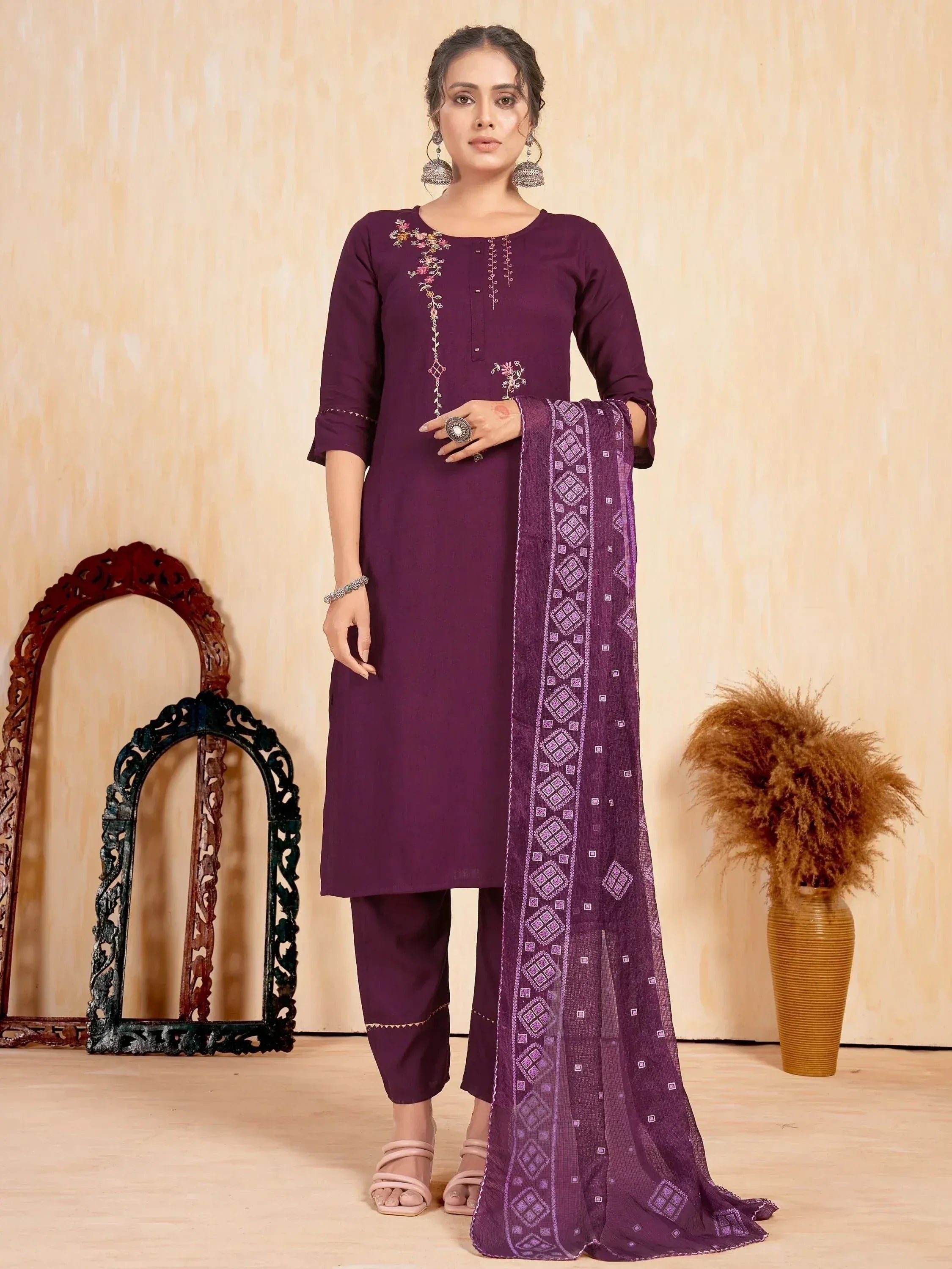 Purple embroidered salwar kameez with matching dupatta, Indian ethnic wear for women