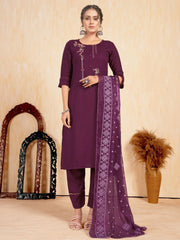 Delightful Wine Embroidered Rayon Traditional Pant Suit With Dupatta