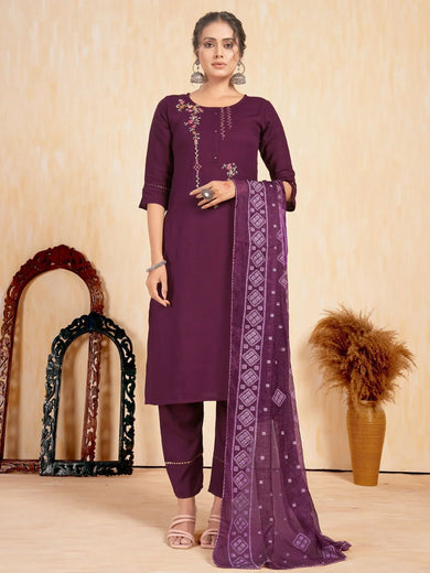 Delightful Wine Embroidered Rayon Traditional Pant Suit With Dupatta