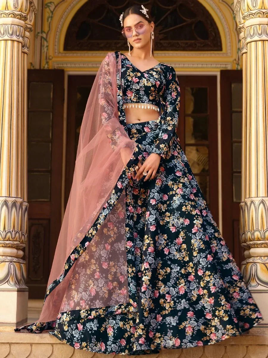 Floral print lehenga choli with pink dupatta, ethnic wear for women