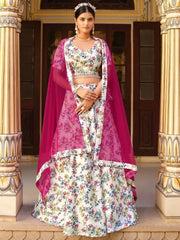Glamorous White Floral Printed Silk Festival Wear Lehenga Choli