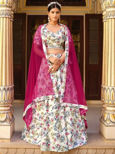 Glamorous White Floral Printed Silk Festival Wear Lehenga Choli