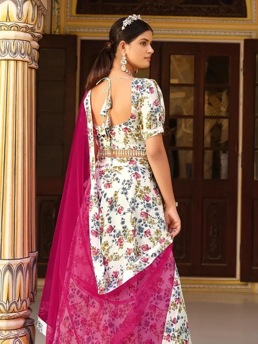 Floral print lehenga choli with pink dupatta, ethnic Indian wear for women