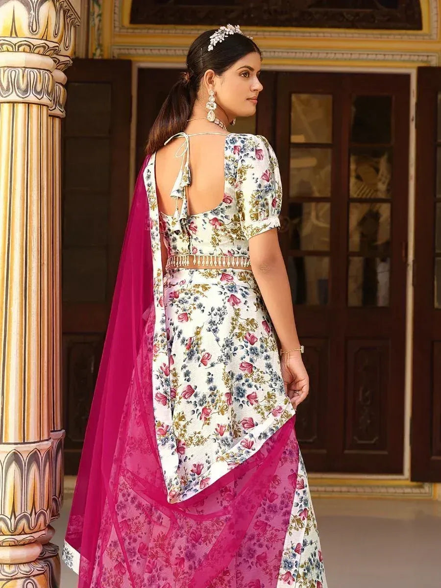 Floral print lehenga choli with pink dupatta, ethnic Indian wear for women