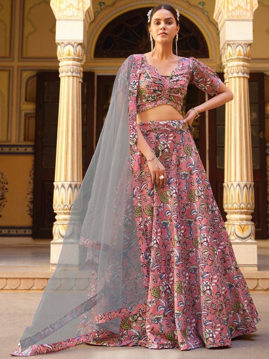 Pink floral lehenga choli with sheer dupatta, Indian ethnic wear for weddings and festivals