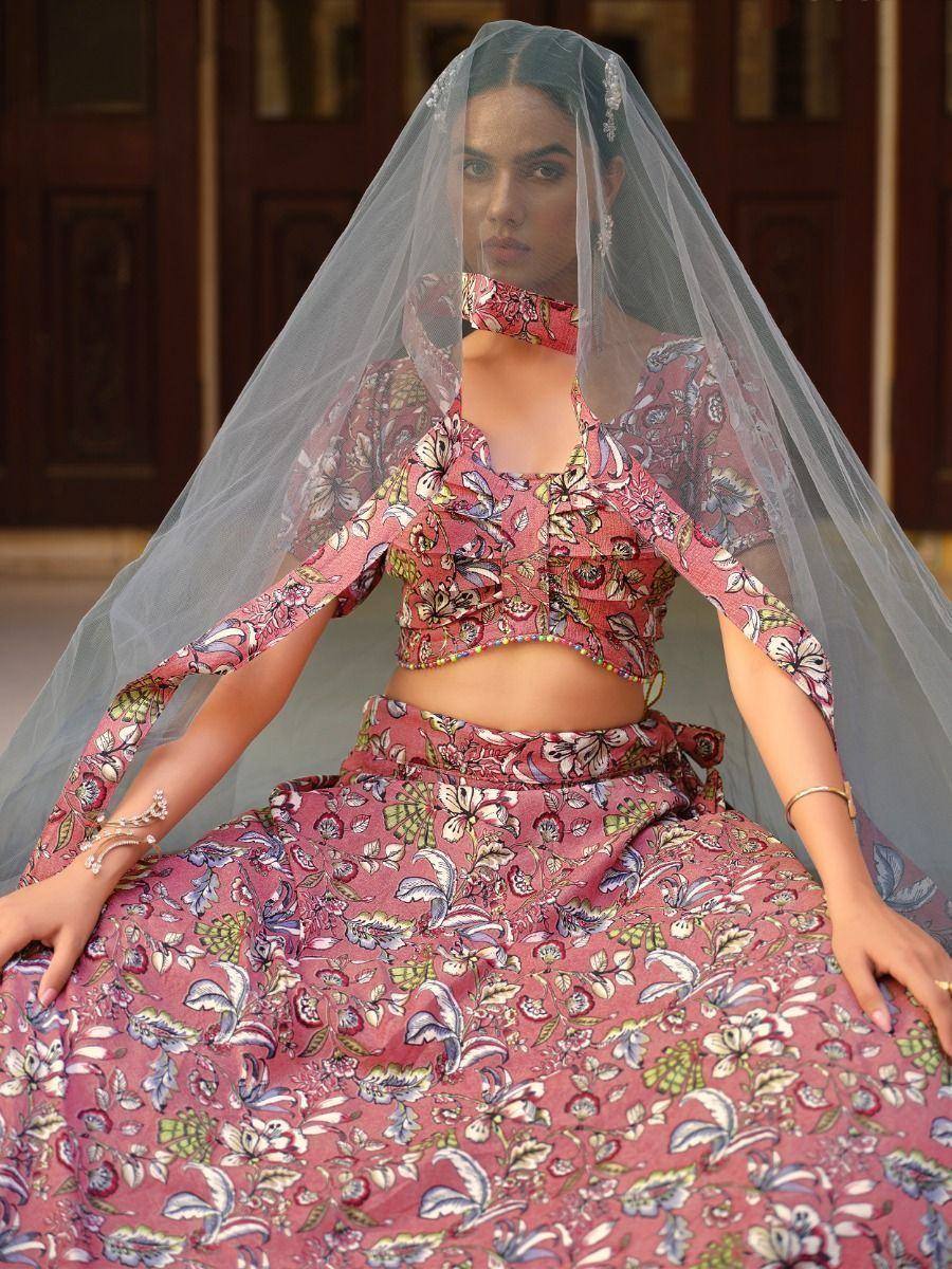 Floral print lehenga choli with sheer veil, ethnic Indian bridal wear