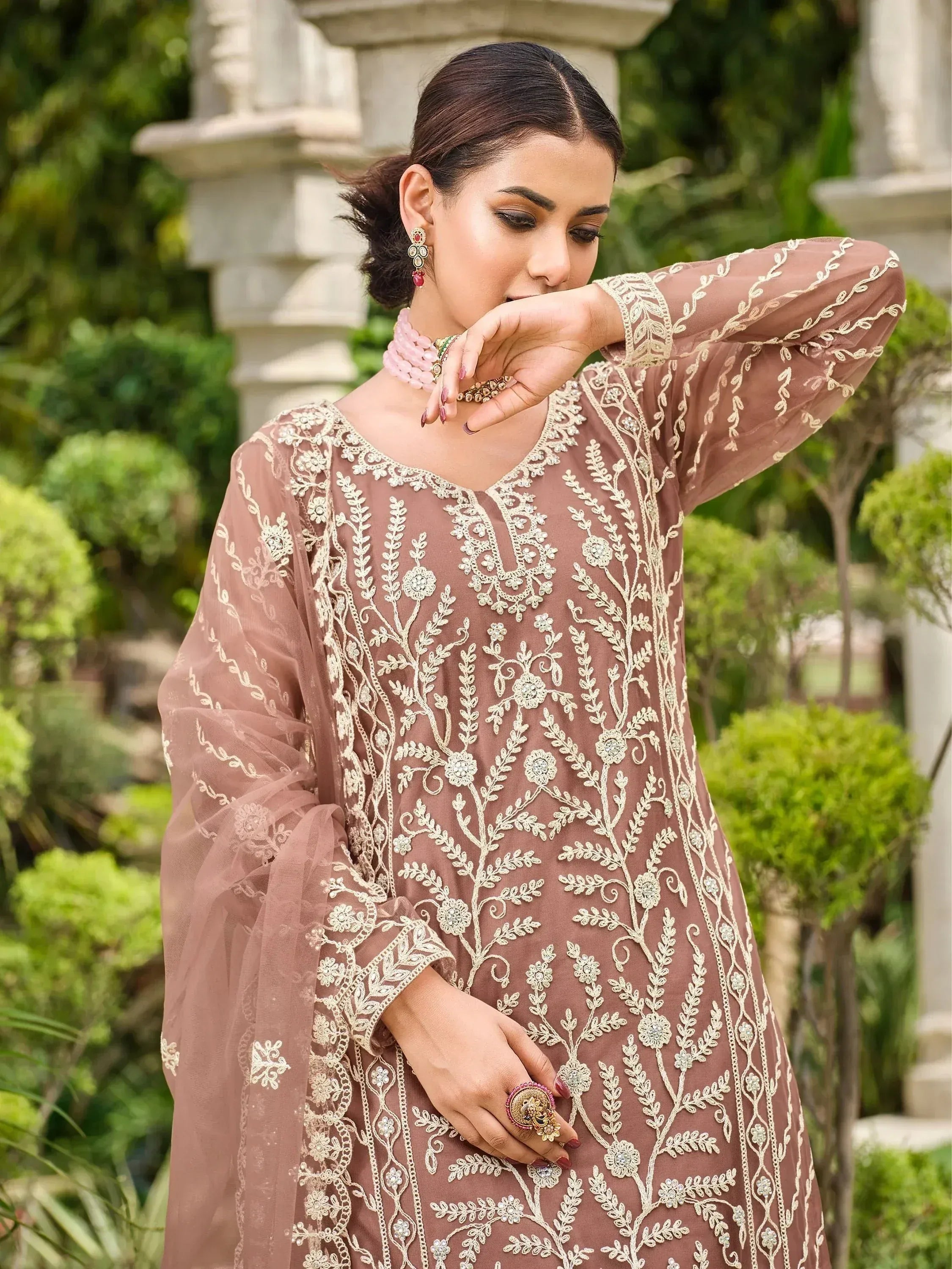 Elegant brown embroidered ethnic kurti with floral detailing, perfect for Indian wear occasions