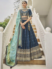 Stunning Blue Mirror Work Silk Wedding Lehenga Choli With Dupatta