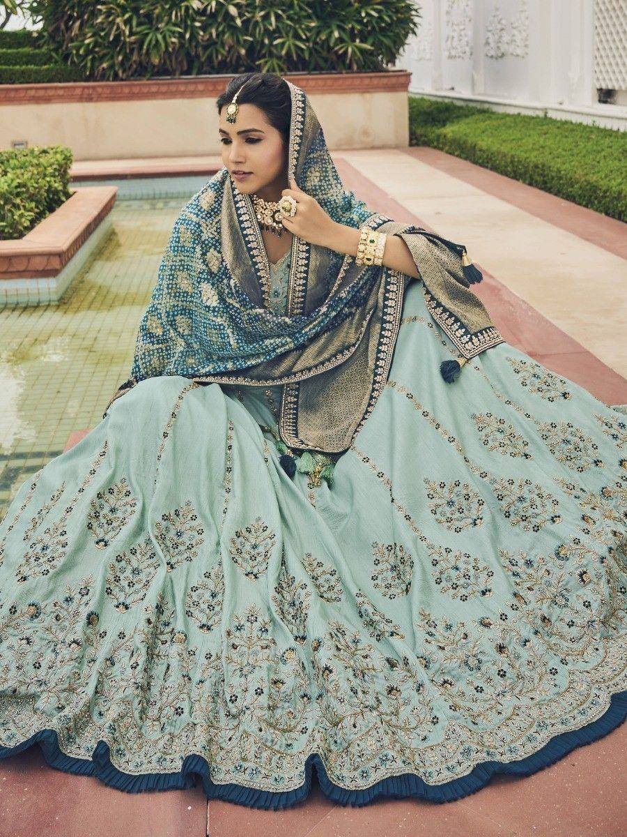 Mint green embroidered lehenga choli with dupatta, perfect for Indian weddings and festive occasions