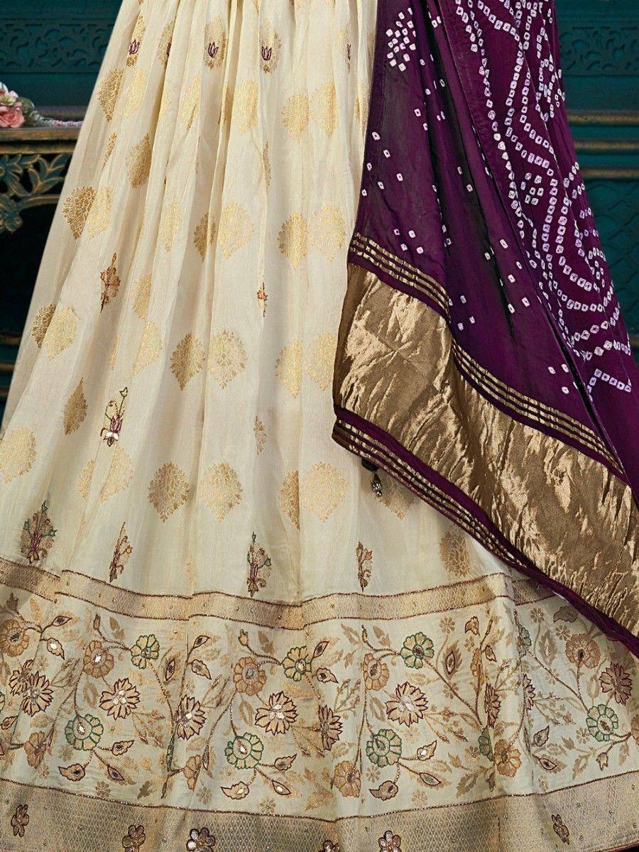 Cream floral embroidered lehenga with purple dupatta, Indian ethnic wear for weddings and festivals